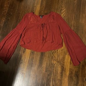 Forever 21 Burnt Orange Rust Flowy Long Sleeve Crop Top Fall Thanksgiving Medium